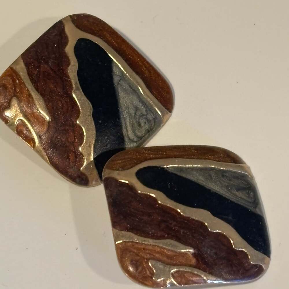 Vintage Swirl Enamel Statement Earrings Brown Black Gold Tone